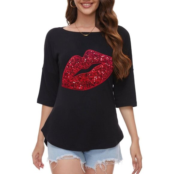 Women's Sequin Heart Love Shirt Plus Size Loose Tunic 3/4 Sleeve Boat Neck - Picture 5 of 6